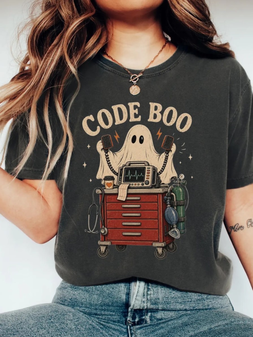 Comfort Colors 'Code Boo' Graphic Tee in Pepper with Cream & Red Accents